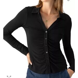 Sanctuary Black Ruched Button-Down Long Sleeve Dreamgirl Ruched Knit Shirt